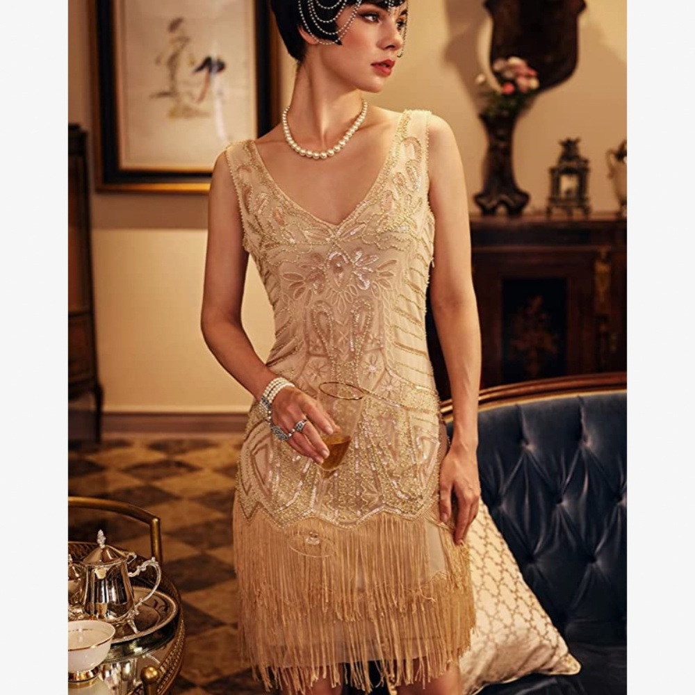 Women's Flapper Dresses 1920s V Neck Beaded Fringed Great Gatsby Dress